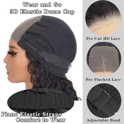Wear And Go Glueless Wigs Human Hair Pre Plucked Pre Cut Short Curly Human Hair Wigs For Black Women 180% Density Water Wave Lace Front Wigs 4x4 Lace Closure Wig 12 Inch Natural Black
