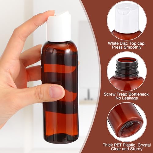 Mimorou 50 Pcs 4oz Plastic Squeeze Bottle with Disc Top Flip Cap Empty Amber Refillable Container Small Travel Toiletry Bottle for Lotion Shampoo Oil Body Soap Creams (Brown/White)