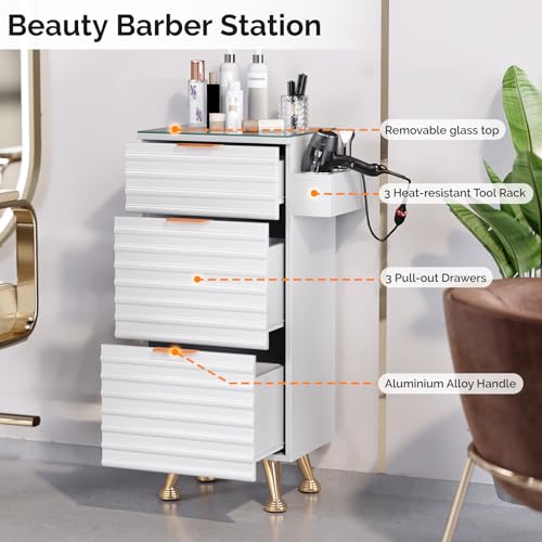 Professional Salon Station with Tempered Glass Top & 3 Drawers