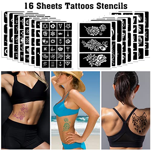 Qpout 16 Sheets Henna Tattoo Stencils Kit - 180 Designs