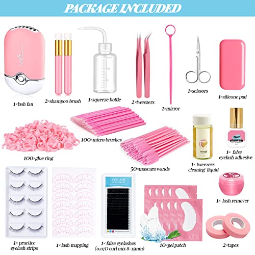 Lash Extension Kit Professional USB Eyelash Fan Individual 0.07D Curl Mix 8-15mm Extra Strong Glue Lash Glue Remover Eye Patch Silicone Pad Tapes,Perfect Tool for Beginner