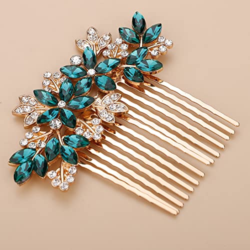 Teyglen Women Dainty Silver Gold Green Rhinestones Bridal Wedding Hair Comb Luxurious Shiny Red Blue Rhinestones Side Hair Accessories for Brides and Girls