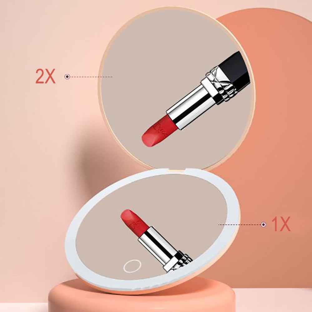 Yousonew LED Mini Makeup Mirror, 1X/2X Magnification, Mini Compact with Light, Pink/White (White, 3.5)