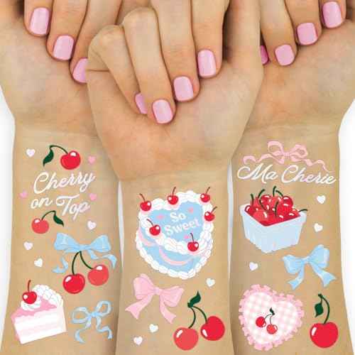 xo, Fetti Cherry Temporary Tattoos - 50 Iridescent Foil Pcs | Ma Cherie Baby Shower, Cherry on Top Bachelorette Decorations, Birthday Decor, Kids Picnic Tablescape