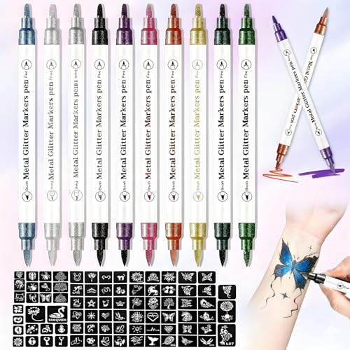 Temporary Tattoo Markers Kit - 10 Colors + 81 Stencils