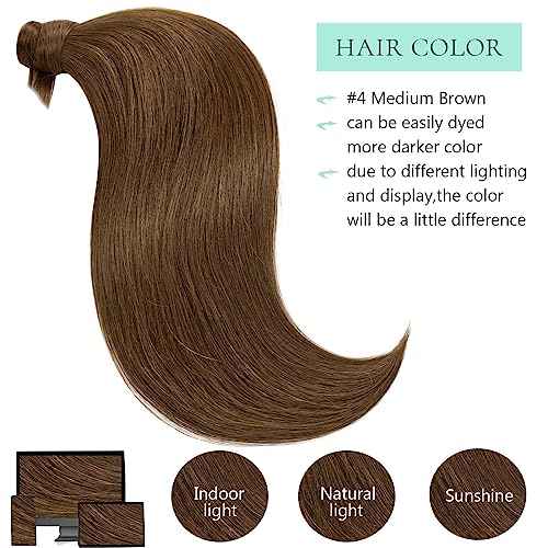 Loxxy Human Hair Ponytail Wrap Around Ponytail Extension Real Human Hair Chocolate Brown Clip in Pony Tails Hair Extensions Human Hair Long Straigth with Magic Paste 16 Inch 80g