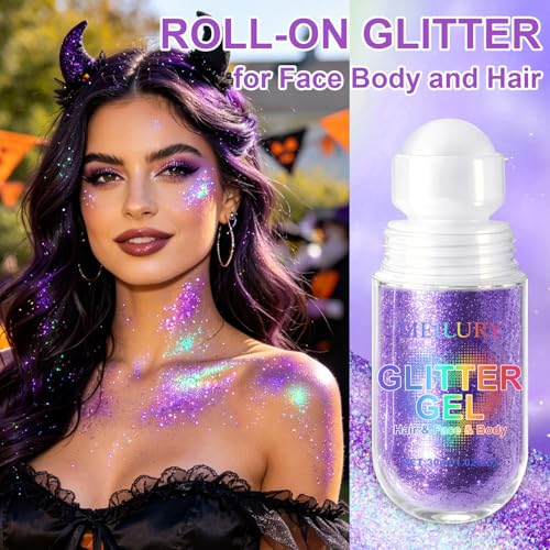 2PCS Purple Roll-On Body & Face Glitter Gel for Face Hair and Body, Holographic Makeup