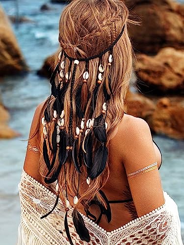 CAKURE Hair Feathers Gypsy Headpiece Viking Costume Feather Hippie Headband Fortune Teller Accessories for Women