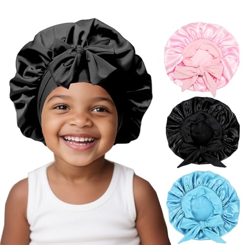 Kids Satin Sleep Bonnet 3-Pack - Pink, Black, Light Blue