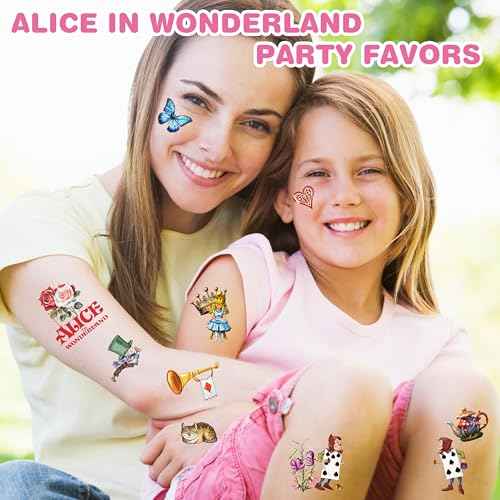 Alice in Wonderland Temporary Tattoos, 96pcs Alice in Wonderland Tattoos, Htabiol Alice in Wonderland Decor, Alice in Wonderland Party Favors, Suit for Onederland 1st Birthday, Mad Hatter Tea Party