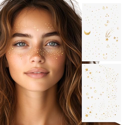 Flash Tattoos Pixie Dust Authentic Metallic Temporary tattoos-2 sheet mini pack | Includes over 24 premium foil waterproof tattoos, face glitter, face gems, festival, face freckles