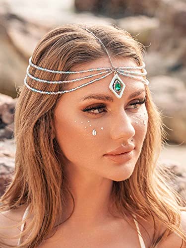 EARENT Boho Layered Beaded Head Chain Sparkly Crystal Headpiece Colorful Beads Costume Forehead Chains Summer Beach Hair Accessories for Women (B-Blue purple)