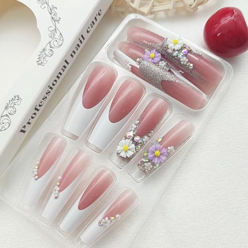 Nude Press on Nails Long Coffin False Nails with Pattern Design French Tip Full Cover Stick on Nails Matte Fake Nails for Women Girls Pretty Artificial Acrylic Nails Kit 24pcs