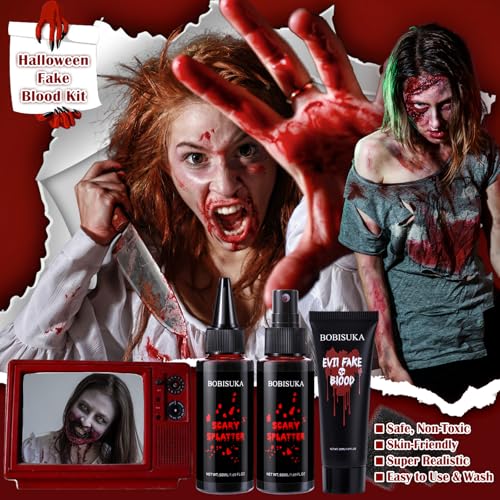 Halloween Fake Blood Kit with Spray, Gel & Sponges