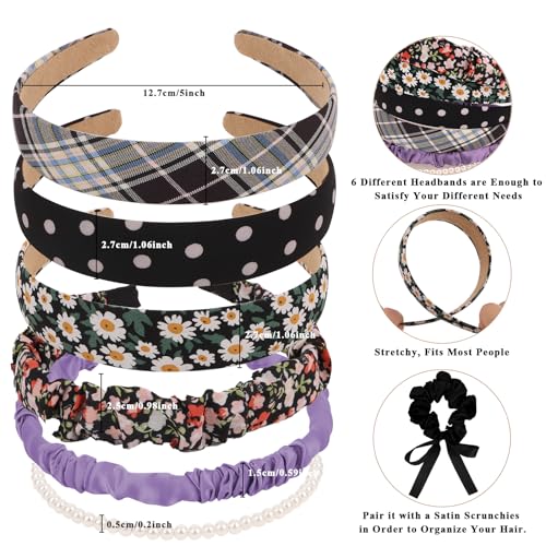 7 Pcs Fashion Headbands for Women with Satin Scrunchies Black Headbands for Girls Pearl Headbands for Women Trendy Padded Headband Thin Headbands for Women Croquette Aesthetic Cute Accessories