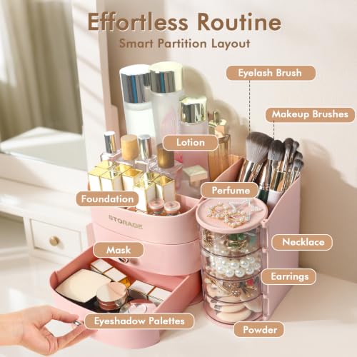 XIAPIA Pink Makeup Organizer for Vanity, 11-Compartment Countertop Storage