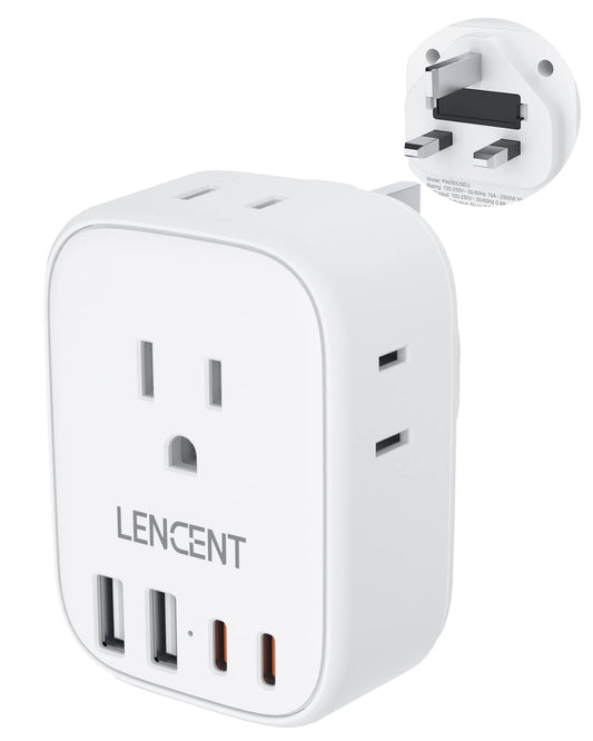 LENCENT US to UK Ireland Travel Plug Adapter, Grounded Type G Outlet Adaptor with 4 USB Charger(2 USB C), 4 Outlets Converter for USA to Dubai Scotland British London England Hong Kong Irish Qatar