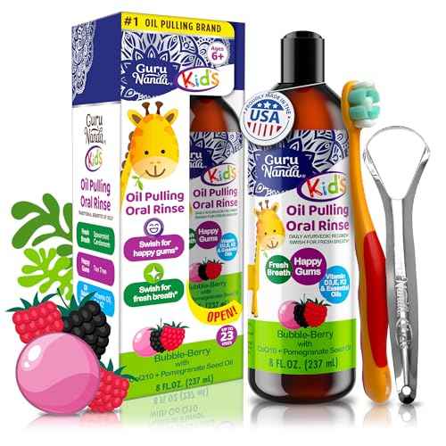 GuruNanda Kids Oil Pulling, Alcohol-Free Mouthwash, Essential Oils & Vitamins for Fresh Breath & Happy Gums for Ages 6 & up, Natural Bubble Berry, 8 Oz