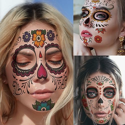 Day of the Dead Face Tattoos, 8 Sheets Sugar Skull Temporary