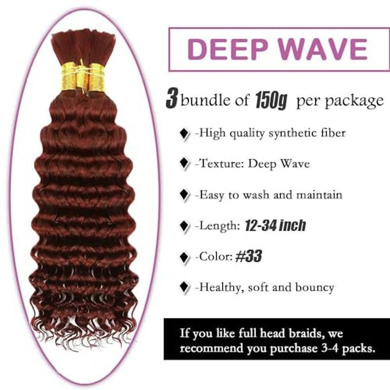 Reddish Brown Deep Wave Braiding Hair - 3 Bundles, 16 Inch