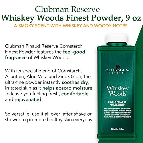 Clubman Reserve Whiskey Woods Finest Powder ? Classic Men¡¯s Body Powder for Men, Moisture & Odor Control, Barbershop Whiskey Wood Scent, 9 oz