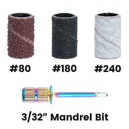 Delanie 300 Pcs #80#180#240 Sanding Bands for Electric Nail Drill Machines with Mandrel Bit, Professional Manicure Nail Salon Supplies, Fine Medium Coarse Grit