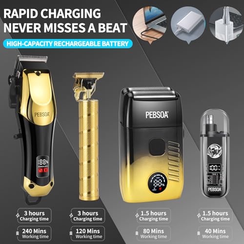 pebsoa¢ç Men's Professional Hair Clipper, Cordless Trimming Kit with Gradation Attachments, Razor & Nose Hair Trimmer 4-Piece ?All-in-One Salon & Home Grooming Set