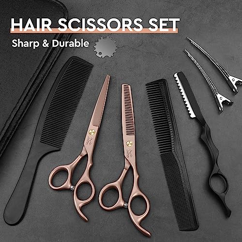 JASON Hair Cutting Scissors Kit - Professional 10 PCS Haircut Scissors Set with 6.7" Thinning/Texturizing Scissors, Straight Shears for Men Women Home Salon Barber (30 Teeth, Rosegold)