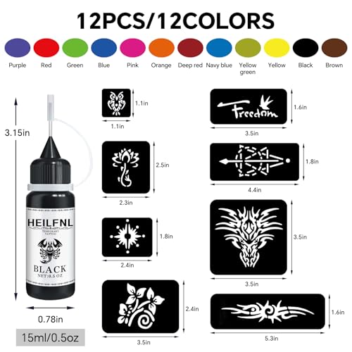 Temporary Tattoo Kit - 12 Colors Ink & 120 Stencils