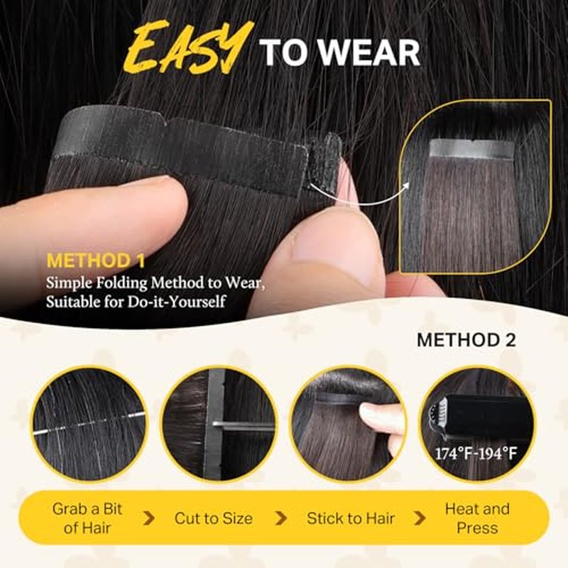 DOORES 14 Inch Tape In Hair Extensions - Jet Black Remy Human Hair, 10pcs