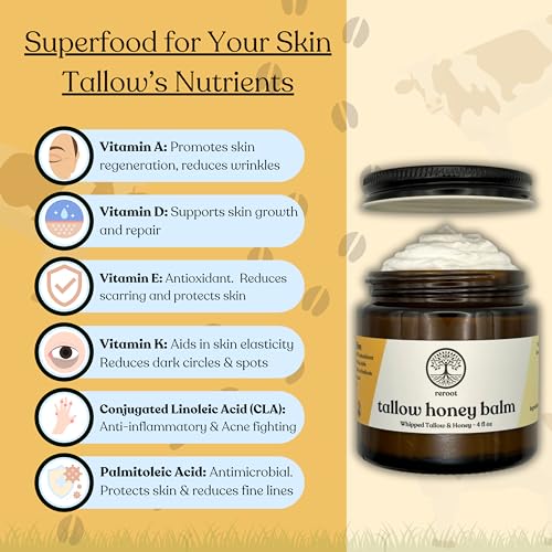 Beef Tallow Balm for Skin -2 Ingredients- Grass-Fed Grass-Finished Beef Tallow & Raw Honey for Skin - Unscented Beef Tallow Honey Balm for Face & Body - Sensitive Dry Skin Eczema Psoriasis Rosacea