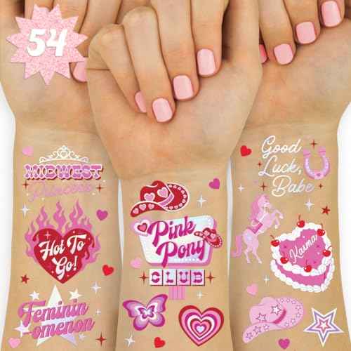 xo, Fetti Pink Pony Club Temporary Tattoos - 54 Iridescent Foil Pcs | Cowgirl Bachelorette Party, Valentine's Day Favors, Birthday Accessory, Galentine's Bach Activity