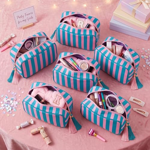 Kacctyen 6 Pack Striped Makeup Bag Tassel,Blue and Pink