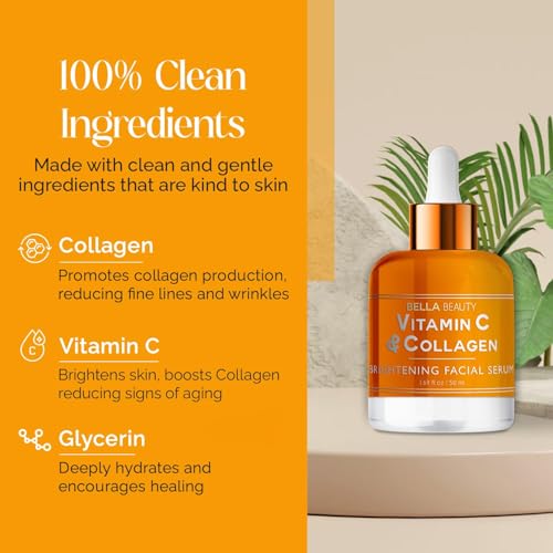 Bella Beauty Vitamin C Serum with Collagen - Reduces Dark Spots, Brightens Skin & Anti-Aging - Dermatologist Tested, Cruelty-Free Korean Skin Care for All Skin Types - 1.69 Fl. Oz (2 Pack)