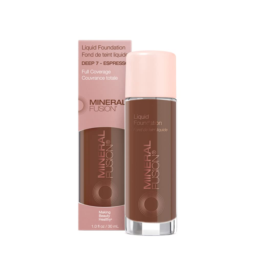 Mineral Fusion Full Coverage Foundation, Liquid Foundation - Deep 7- Deep Complexion w/Neutral Undertones, Lightweight Matte Finish, Up to 12 Hr Hydration, Hypoallergenic & Vegan, 1 fl. oz