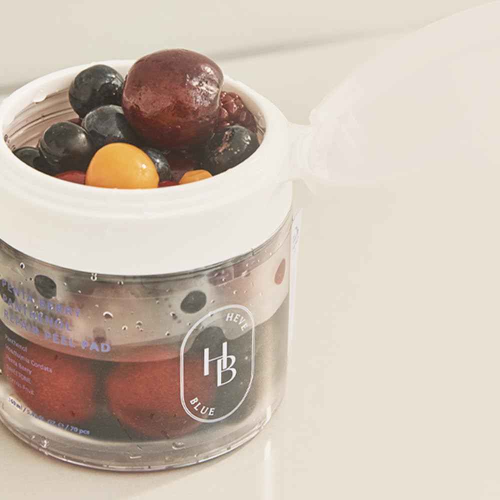 HEVEBLUE Penta Berry Panthenol Repair Peel Pad - 70 Pads, Vegan, Biodegradable, Toner Pad, Exfoliating, Refine Skin Texture, Strengthening Skin Barrier, Low Irritation, Hypoallergenic