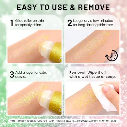 Pastel Rolling Glitter, Shimmer Gel for Face Body & Hair, Sparkling Holographic Roll-on Sequins for Singer Concert Rave Festival Halloween Party Carnival, 1.7 fl.oz