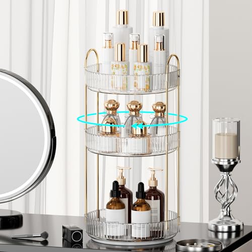 360¡Æ Rotating Makeup Organizer for Vanity - 3 Tier Perfume Organizer with Large Capacity - Skincare Organizer for Bathroom Counter - Space-Saving Cosmetic Storage for Dresser Countertop (Clear)