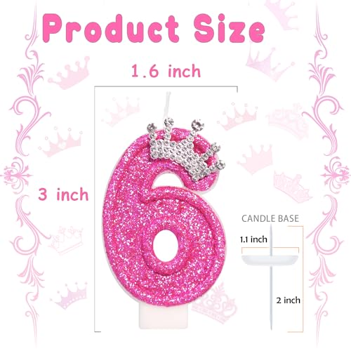 Hot Pink Number 6 Birthday Candle with Glitter Crown - 3" Tall