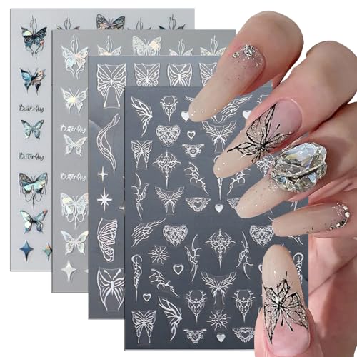 8pcs Metallic Silver Butterfly Nail Stickers 3D Laser Black Butterfly Nail Decals Aurora Butterfly Nail Art Stickers Pink Butterfly Stickers for Nails DIY Butterflies Nail Sticker Women Nail Supplies