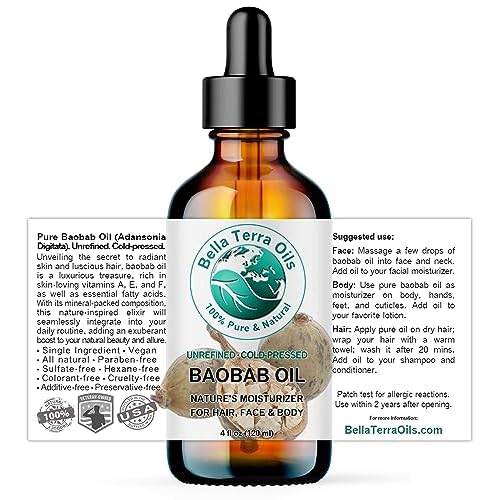 Bella Terra Oils - Baobab Oil 4 oz - Dive into The Essence of African Treasure, Abundant in Antioxidants, Best for Achieving a Silky Skin Glow