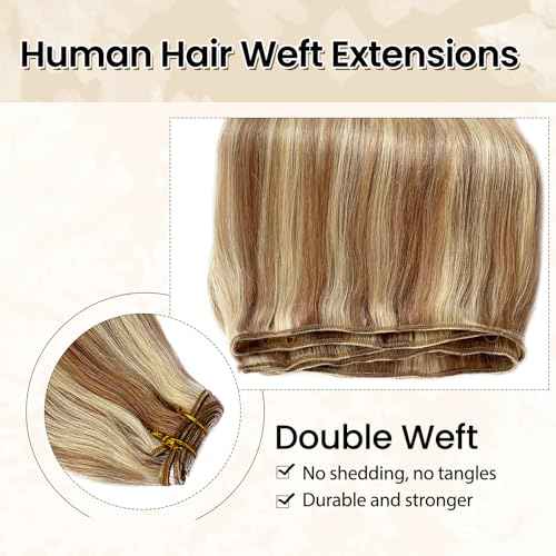 18 Inch Human Hair Weft Sew in Hair Extensions Real Human Hair Hand Tied Weft Hair Extensions Color 12/613 Golden Brown to Bleach Blonde Highlight Human Hair Bundles Straight Remy Hair Wefts 100 Gram