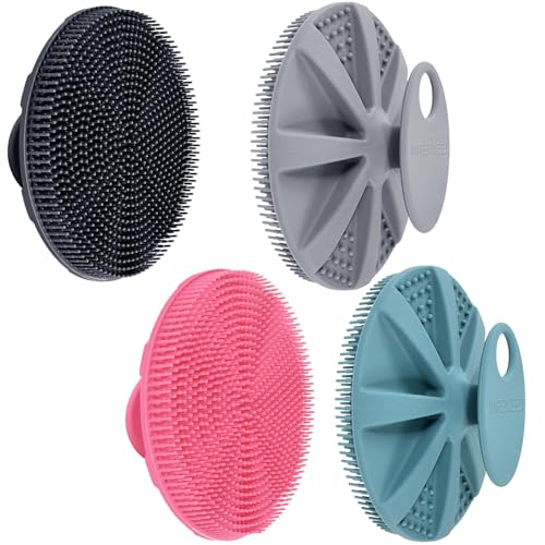 INNERNEED Food-Grade Soft Silicone Body Scrubber Shower Brush Handheld Cleansing Skin Brush, with Exfoliating Net Sponge Case (Pack of 4)