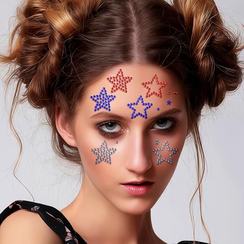 4th of July Self Adhesive Face Gems for Makeup, Red Blue Clear Festival Jewels, Hair Gems, Patriotic Star Rhinestone Stickers for Face, Eye, Makeup, Body (redwhiteblue_6pcs)