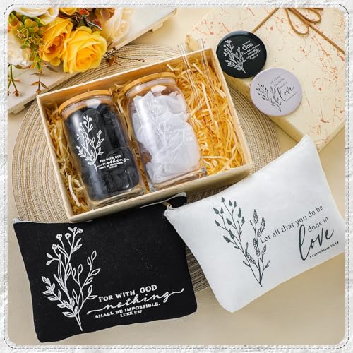 Fumete 2 Sets Christian Gift for Women Easter Mother's Day Sunday School Teacher Makeup Bag Flower Bible Verse Coffee Cup with Bamboo Lid Straw Religious Church Mini Compact Mirror (Bible-A)