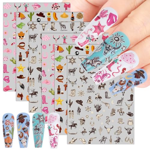 Keluna Western Nail Art Stickers - 6 Sheets Cowboy Cowgirls Nail Sticker, 5D Embossed Western Nail Decals, Retro Self Adhesive Nail Decal for Women Girls DIY Manicure Decoration Accessories