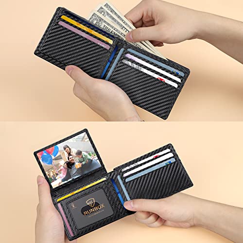 RUNBOX Carbon Black RFID Slim Leather Men’s Bifold Wallet with 15 Slots & Gift Box