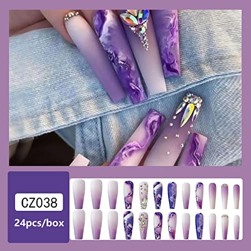 24 Pcs Press on Nails Long with Rhinestones Gradient Purple False Fake Nails Press on Coffin Artificial Nails for Women Stick on Nails with Designs on Static Violet Nails