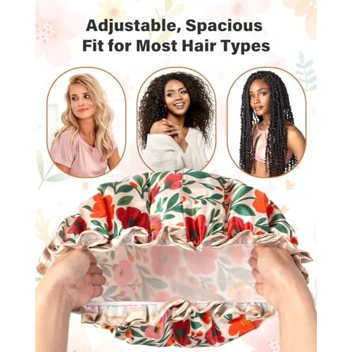 mikimini Large Shower Cap for Women Reusable Waterproof, Extra Large Hair Cap with Adjustable Elastic Band and Vibrant Floral Print, XL Bath Cap for Long Hair & Short Hair