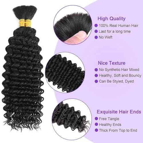 Deep Wave Bulk Human Hair for Boho Braids 100% Unprocessed Brazilian Virgin Human Hair Bulk 2 Bundles Micro Braiding 100g No Weft 26 inch